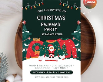 Christmas Pajama Party Invitation, Editable Canva Template (Digital Download)