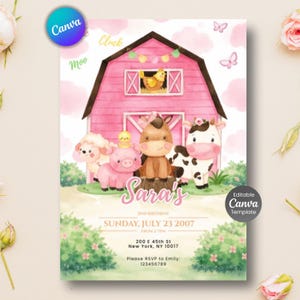 Pink Farm Birthday Invitation, Girl Barnyard Animals, Editable Template (Digital Download