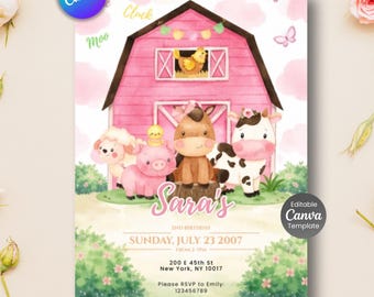 Invitación de cumpleaños de granja rosa, animales de granja para niña, plantilla editable (descarga digital)