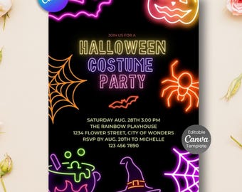 Editable Neon Halloween Party Invitation (PDF)