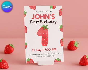 Invitación de primer cumpleaños de bayas, invitación editable para niña de primer cumpleaños, invitación imprimible de fresa para niña de primer cumpleaños