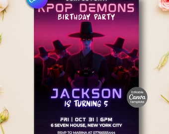 Plantilla de invitación para fiesta de cumpleaños de Demon Hunters del Kpop, invitación de neón de Demon Saja Boys