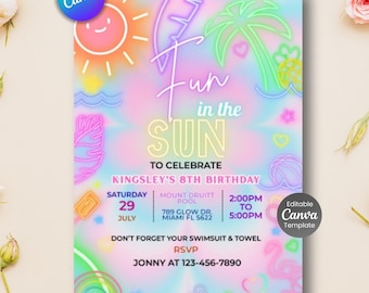 Invitación de cumpleaños en la playa, fiesta de verano, plantilla editable de Canva (descarga digital)