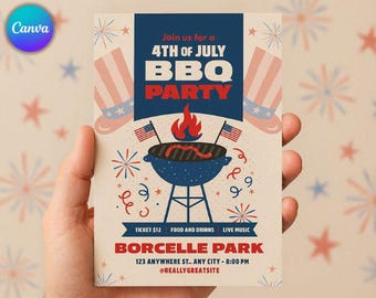 Invitación de barbacoa del 4 de julio: invitación editable para fiesta, barbacoa roja, blanca y picnic del Día de la Independencia.
