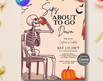 Skeleton Halloween Party Invitation, Cocktails & Costumes (Digital Download)