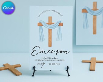 Plantilla editable de invitación de bautizo, invitación minimalista para bautizo de niño (Evita), invitación moderna y sencilla para bautizo de niña.