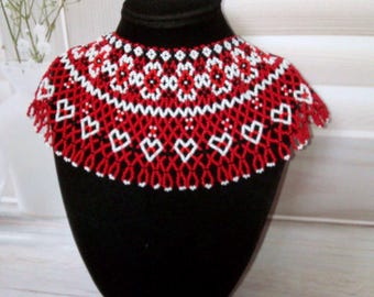 Rot Perlen-Kragen-Halskette mit Herzen | Ethno Statement Choker | Geschenk für sie