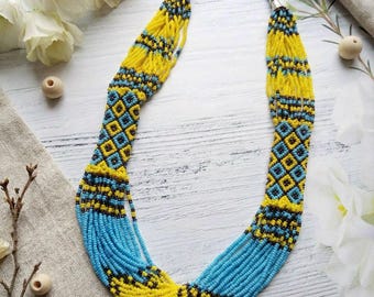 Ukrainische Germanische Halskette, Blau Gelber Perlen Schmuck