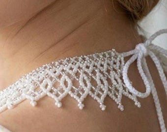 Weiße, perlenbesetzte ukrainische Sylianka-Halskette, Brautchoker, Hochzeitsschmuck, ausdrucksstarkes Geschenk im Folklorestil