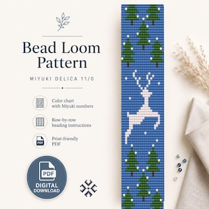 May include: A bead loom pattern for Miyuki Delica 11/0 beads featuring a blue background with a white reindeer and green pine trees. The text reads Bead Loom Pattern, Miyuki Delica 11/0, Color chart with Miyuki numbers, Row-by-row beading instructions, Print-friendly PDF, and Digital Download.