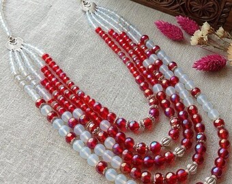 Rot Glas Mondstein-Effekt Multi Strang Halskette | Ukrainische handgemachte Statement Schmuck | Lehrer-Geschenke