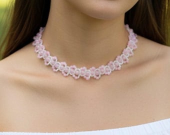 Perlen-Halskette und Armband | Rosa Perlenset | Zarte Perlenblumen | Geschenk für sie