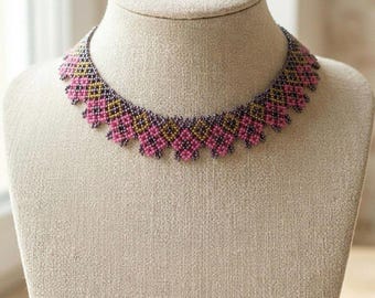 Handgewebte Rosa Gelb Perlen Choker Halskette | Ukrainische Perlenarbeit Statement Kragen