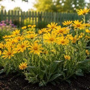 May include: A cluster of bright yellow flowers with slender petals and dark centers growing in dark soil. The plants feature serrated green leaves and tall, thin stems, illuminated by warm sunlight in an outdoor garden setting.