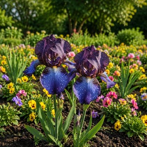 May include: Two vibrant purple iris flowers with blue accents and white speckles stand tall in a garden bed filled with colorful pansies and other flowers. The background features lush green foliage and trees.