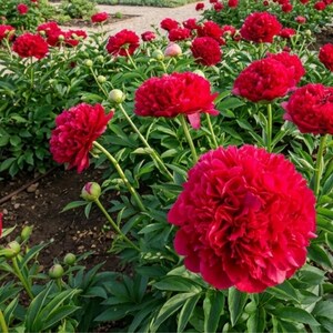 May include: A vibrant garden bed filled with lush, red peony flowers in various stages of bloom. The image showcases fully opened, ruffled blooms alongside unopened buds, set against a backdrop of green foliage and dark soil.