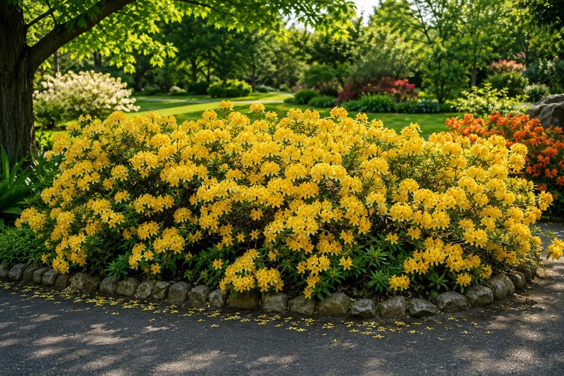 May include: A large, dense shrub covered in vibrant yellow flowers with green leaves, bordered by a row of rounded grey stones. The plant is situated in a garden setting with a paved path in the foreground and additional greenery in the background.