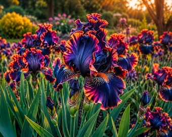 Pode incluir: Um campo de vibrantes flores de íris em plena floração. As flores têm pétalas roxas profundas com bordas onduladas laranja e vermelha. Folhas e botões verdes cercam as flores, com um suave pôr do sol ao fundo.