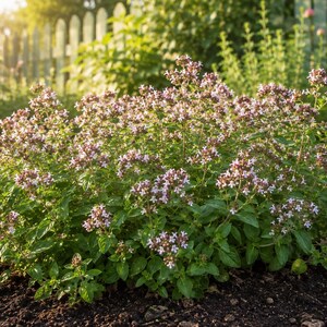 May include: A lush oregano plant growing in dark soil, featuring vibrant green oval-shaped leaves and clusters of small, delicate light pink and white flowers blooming on thin, upright stems under bright, warm natural sunlight.