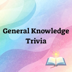 Könnte beinhalten: Ein Bild mit einem farbenfrohen Hintergrund aus Blau-, Rosa- und Grüntönen. Die Worte "General Knowledge Trivia" sind in fetter schwarzer Schrift geschrieben. Ein offenes Buch mit einer Sonne darüber befindet sich in der unteren rechten Ecke.