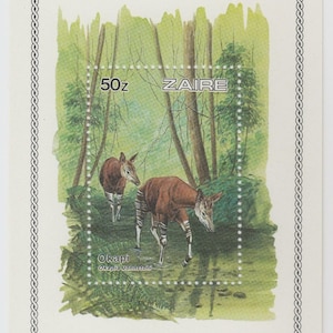 May include: A Zaire postage stamp depicting two okapi in a forest setting. The stamp has a decorative border and features the text "50z" and "ZAIRE". The okapi are brown with white stripes on their legs.