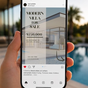 Op de afbeelding: Een smartphone die een Instagram-bericht toont voor een moderne villa te koop. Het scherm toont de tekst MODERN VILLA FOR SALE, $750,000, 123 ANYWHERE ST., ANY CITY, ST 12345, +123-456-7890 en realestate@com, naast een afbeelding van een huis met zwembad.