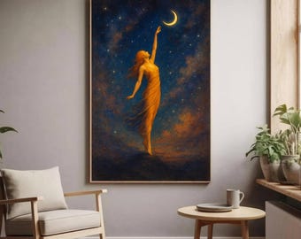 Moon Goddess Wall Art, Celestial Woman Poster, Mystical Night Sky Print, Boho Fantasy Art, Spiritual Home Deco