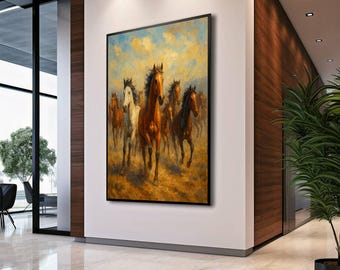 Arte murale con cavalli selvaggi, stampa di un branco di cavalli in corsa, arredamento western, opera d'arte rustica, regalo per gli amanti dei cavalli, download digitale