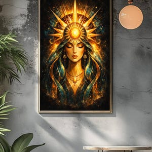 May include: A framed art print featuring a celestial woman with closed eyes, adorned with a golden sunburst headdress and jewelry. Her long hair is a blend of teal and gold, set against a dark, starry background. The artwork evokes a sense of spirituality.
