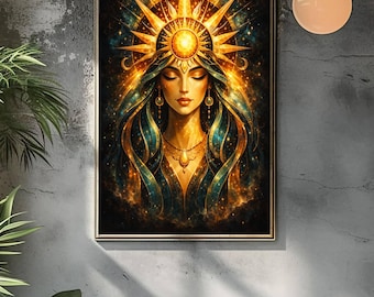 Arte mural de la Diosa del Sol, Póster de Mujer Celestial, Impresión de Arte Espiritual Cósmico, Decoración Femenina Divina con Aura Dorada, Decoración Mística Boho para el Hogar