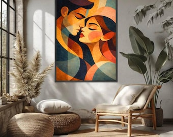 Abstract Couple Art Print, Modern Romantic Wall Art, Love Kiss Poster, Contemporary Lovers Decor, Colorful Minimalist Relationship Artwork