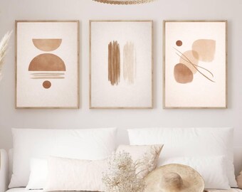 Neutral Abstract Wall Art Set of 3 – Minimal Beige Modern Prints, Boho Japandi Wall Decor, Scandinavian Art, Printable Wall Art