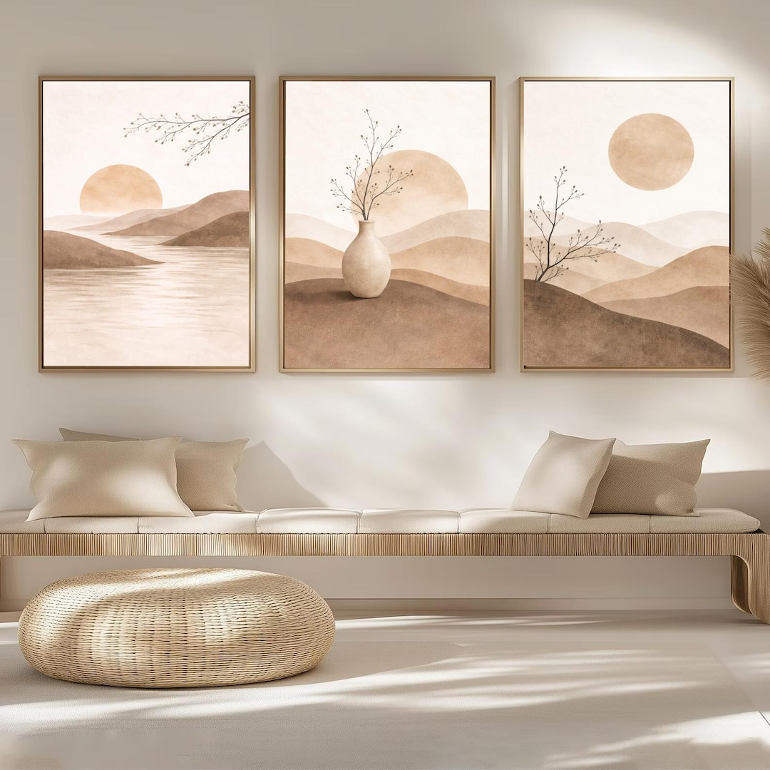Japandi Wall Art Set of 3, Neutral Beige Abstract Landscape Prints ...