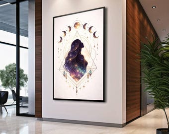 Moon Goddess Wall Art, Celestial Woman Print, Cosmic Boho Spiritual Decor, Moon Phases Poster, Mystical Divine Feminine Artwork
