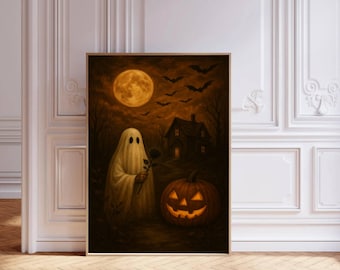 Póster de fantasma y calabaza espeluznante, arte mural de fantasmas de Halloween, lámina vintage de casa embrujada, arte gótico de fantasma y calabaza, póster de Halloween de luna llena