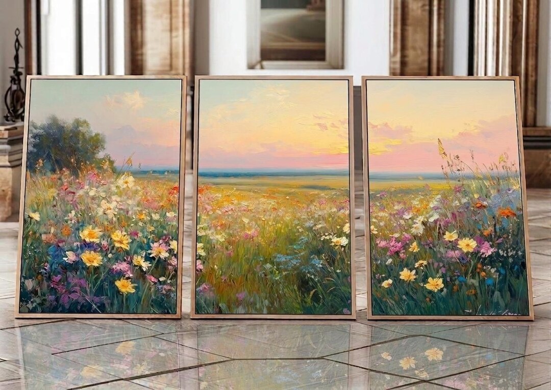 Wildflower Meadow Wall Art Set of 3, Pastel Landscape Prints, Sunset ...