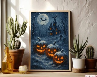 Impresión vintage de fantasmas adorables en un prado de flores silvestres, decoración digital de otoño con fantasmas melancólicos, pintura imprimible de Halloween espeluznante para pared.