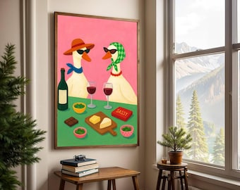 Whimsical Duck Art Print, Retro Goose Wine Poster, Funny Kitchen Wall Decor, Colorful Dining Room Illustration, Playful Animal Artwork