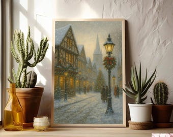 Vintage Christmas Village Wall Art, Snowy Winter Street Print, Cozy Holiday Decor, Christmas Market Poster, Classic Christmas Art