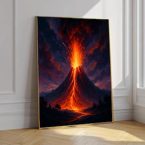 May include: A framed art print depicting a volcanic eruption. The artwork features a fiery orange and red volcano erupting against a dark, cloudy sky. The lava flows down the mountain, creating a dramatic landscape.