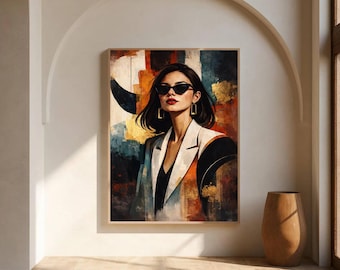 Moderne abstracte vrouw portret kunst aan de muur, hedendaagse mode illustratie print, minimalistisch chique wanddecoratie, neutrale huiskunst