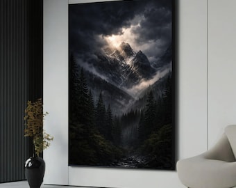 Dark Storm Mountain Wall Art Printable, Dramatic Mountain Landscape, Moody Nature Art, Dark Forest Wall Decor, Digital Download