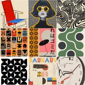Zestaw ponad 100 sztuk dekoracji ściennych w stylu mid-century modern z elementami maksymalistycznymi, abstrakcyjnymi, geometrycznymi, retro, w stylu Bauhaus, do pobrania w wersji cyfrowej