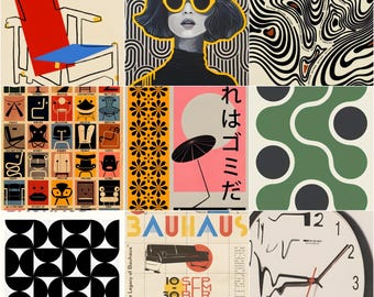 May include: A collage of nine images featuring various art styles. The images include a red and blue chair, a portrait of a woman with yellow sunglasses, and a black and white abstract design. Other images include a poster with Japanese text and a clock.