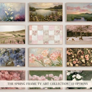 Pode incluir: Uma coleção de impressões de arte emolduradas com várias pinturas florais e paisagísticas. A obra de arte inclui imagens de flores, campos e cenas serenas, com uma paleta de cores suaves e pastel. O texto na parte inferior diz: THE SPRING FRAME TV ART COLLECTION | 15 OPTIONS.