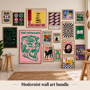 May include: A collection of various rectangular wall art prints featuring diverse graphic designs, illustrations, and typography. The posters display a mix of bold colors, abstract shapes, and text, arranged in a gallery wall layout on a wall.