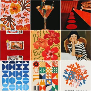 Op de afbeelding: Een verzameling van negen kunstprints met diverse illustraties. De prints tonen verschillende stijlen, waaronder bloempatronen, cocktailafbeeldingen, barscènes, lucifersdoosontwerpen, hibiscusbloemen en geometrische vormen. Het kleurenpalet omvat rood, oranje, blauw en geel.