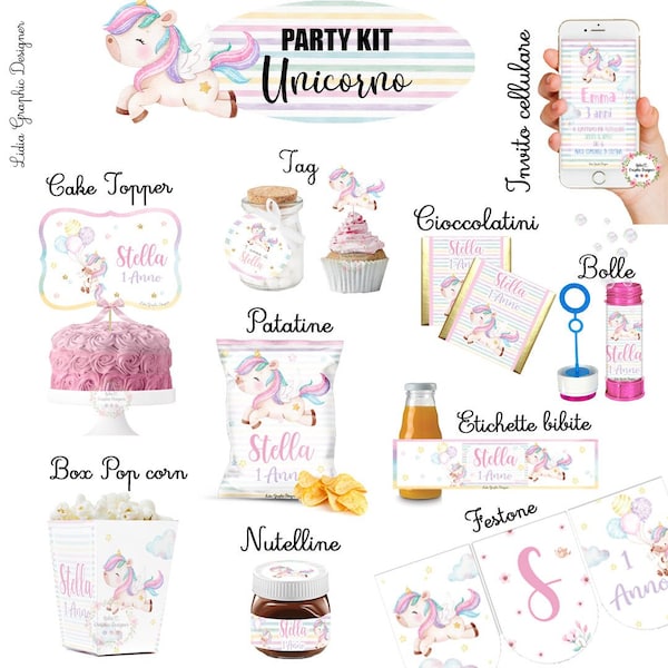 party kit UNICORNO arcobaleno, Battesimo, primo compleanno, bambina, bambino, 1 anno, 2 anni, bomboniera, quadretto nascita, invito unicorno