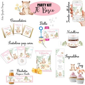 PARTY KIT animali del bosco con orsetto, nascita, battesimo, compleanno, comunione, cresima, cioccolatini, segnalibro, matite piantabili