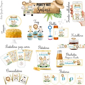 PARTY KIT SAFARI, animali della savana, tag confettata, banner, topper torta, cioccolatini personalizzati, bomboniere, bambino, leone,zebra